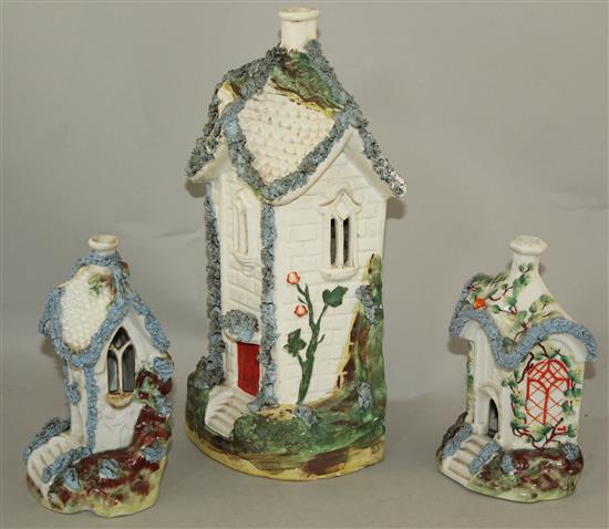 A rare large Staffordshire porcelain cottage pastille burner and two similar smaller examples, mid 19th century, 16 - 29cm